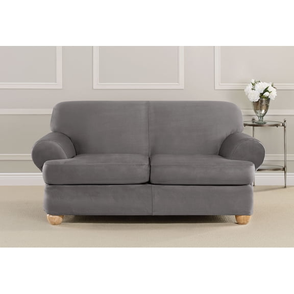 SureFit Ultimate Stretch Suede Loveseat Slipcover, 3-Piece, Slate Gray T-Cushion Loveseat Cover