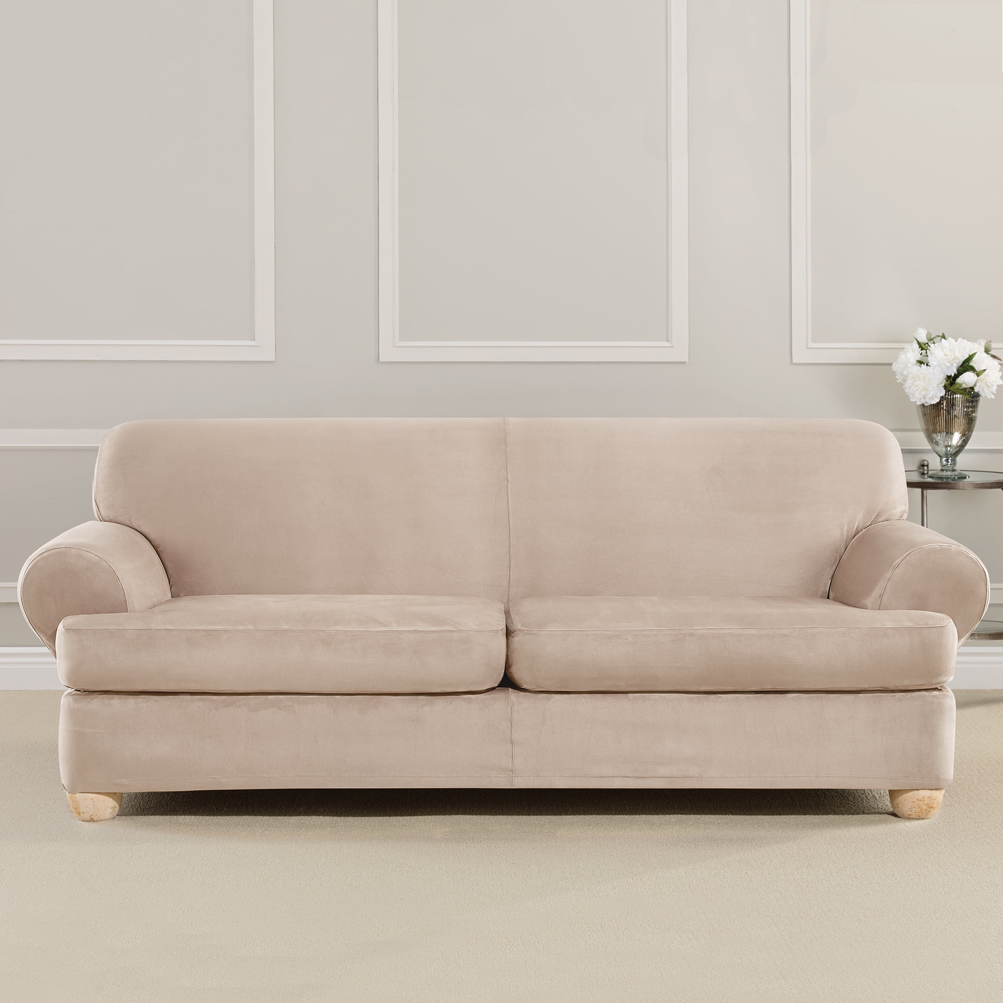 Cement Heavyweight Stretch Faux Suede T-Cushion Sofa Slipcover