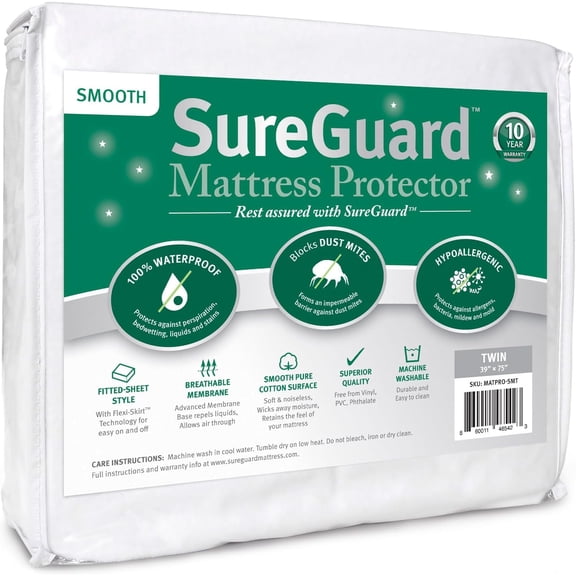 SureGuard Twin Size Mattress Protector - 100% Waterproof, Hypoallergenic - Premium Fitted Cotton Coer - Smooth