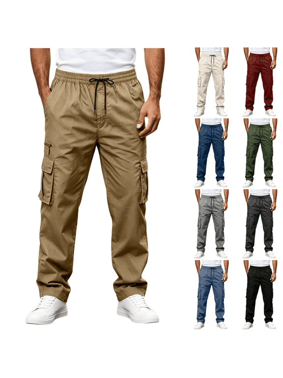 Men's Cargo Pants with Pockets Quick Dry Hiking Travel Casual Sports Outdoor Trousers Relaxed Fit Drawstring Elastic Waist Straight Leg Pants