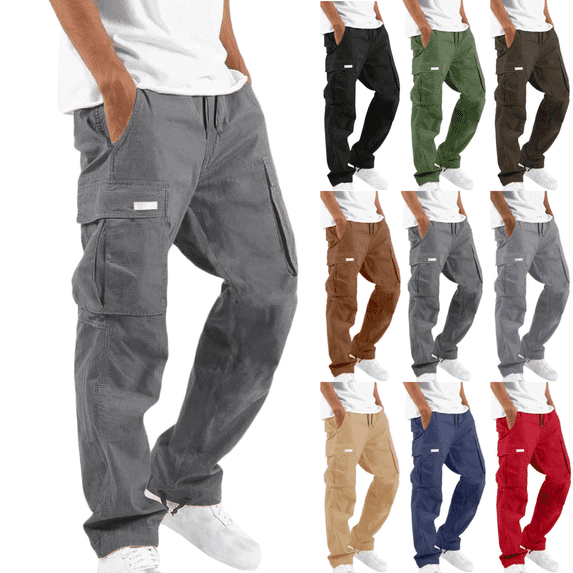 OSSINDA Men's Cotton Cargo Pants Drawstring Waist Multi-Pocket Straight Leg Chino Trousers Joggers for Outdoor Hiking Fitness