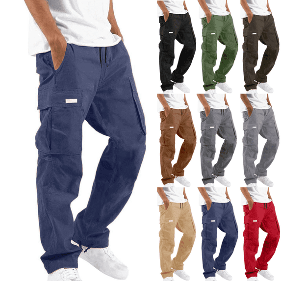 OSSINDA Men's Cotton Cargo Pants Drawstring Waist Multi-Pocket Straight Leg Chino Trousers Joggers for Outdoor Hiking Fitness