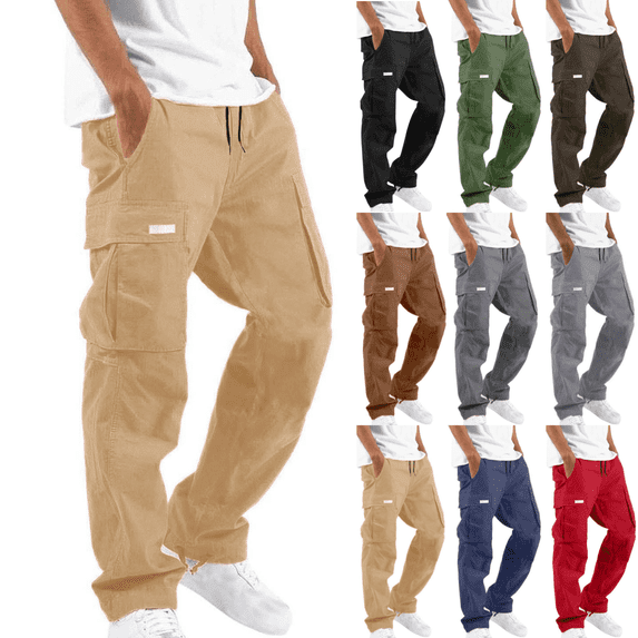 OSSINDA Men's Cotton Cargo Pants Drawstring Waist Multi-Pocket Straight Leg Chino Trousers Joggers for Outdoor Hiking Fitness