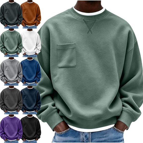 OSSINDA Men's Crewneck Sweatshirt Long Sleeve Casual Loose Fit Pullover Top with Chest Pocket