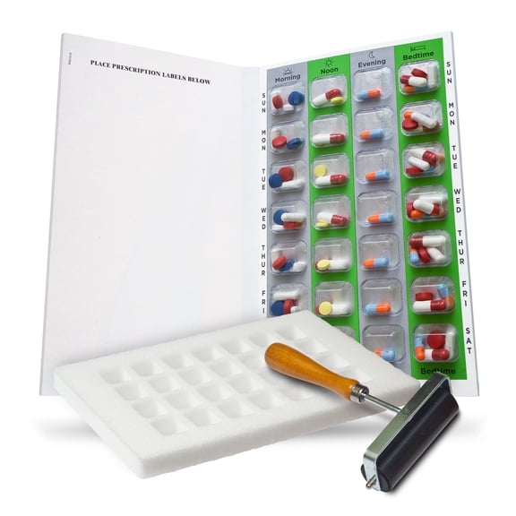 SureMed 7-Day, 4-Pass (4-Doses per Day) Multi-Med Disposable Blister Card Starter Kit with 26 Cards & Blisters, Sealing Template & Roller