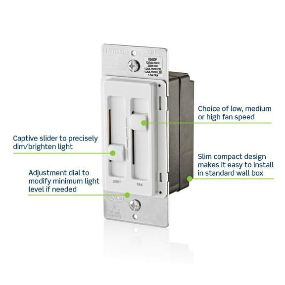 SureSlide Ceiling Fan Control and Dimmer Switch for LED, Halogen and Incandescent Bulbs, 66DF-10W, White
