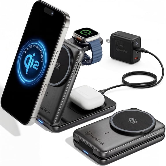 SureTech Qi2.2 Certified 3-in-1 Foldable Wireless Charging Station for Apple Devices with 65W Adapter, 25W Fast Charging Dock, Portable Magnetic Charger for iPhone 17-13, Apple Watch Series & AirPods