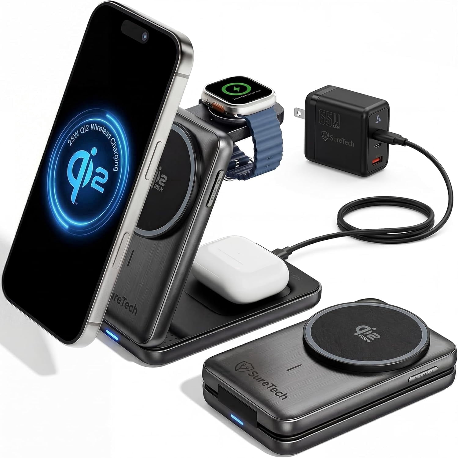 SureTech Qi2.2 Certified 3-in-1 Foldable Wireless Charging Station for Apple Devices with 65W Adapter, 25W Fast Charging Dock, Portable Magnetic Charger for iPhone 17-13, Apple Watch Series & AirPods