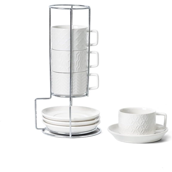 Sureasy 4 Ounce Ceramic Espresso Cups Set of 4 - Stackable Demitasse Cups with Saucers & Metal Stand, Coffee Cups for Latte, Tea, Dishwasher & Oven Safe, White
