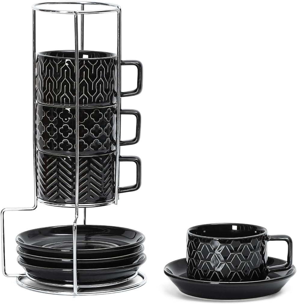 Sureasy 4 Ounce Ceramic Espresso Cups Set of - Stackable Demitasse with Saucers & Metal Stand, Coffee for Latte, Tea, Dishwasher Oven Safe, Black