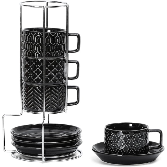 Sureasy 4 Ounce Ceramic Espresso Cups Set of - Stackable Demitasse with Saucers & Metal Stand, Coffee for Latte, Tea, Dishwasher Oven Safe, Black