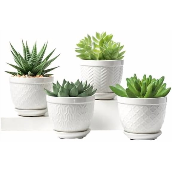 Sureasy Ceramic Plant Pots, 4.7 Inch Flower Pots for Indoor Plants, Succulent Pots with Saucer and Drainage Hole, Decorative Planter for Succulent, Cactus, Set of 4, White