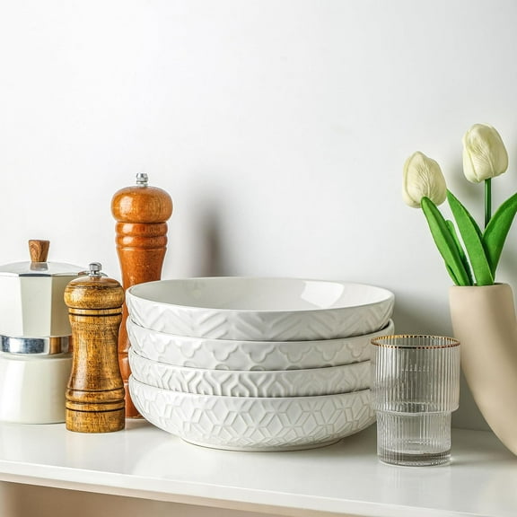 Sureasy 30oz Large Ceramic Embossed Bowls Set of 4, 8.5inch Wide Shallow Plates, Microwave Oven Dishwasher Safe White