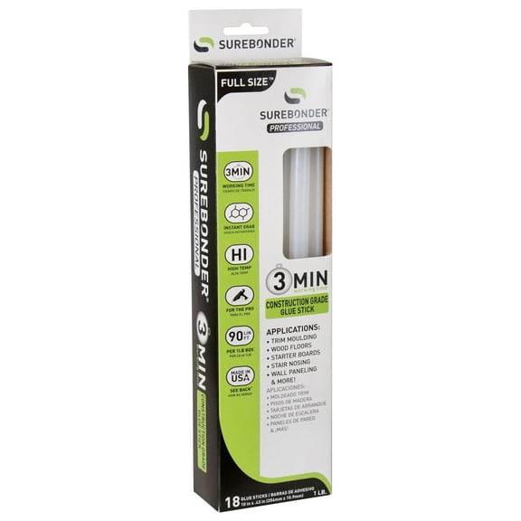 Surebonder Construction Professional Grade Adhesive Hot Melt Glue Sticks - Full Size 10" L, 0.43" D - 3 Minute Working Time, For Trim Molding, Wood Floors, Stairs & More (CG-3R10T)