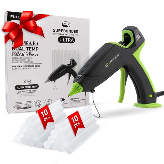 Surebonder Hot Glue Gun and Glue Sticks, Full Size 100W Dual Temperature Hot Glue Gun with 20 All Purpose Glue Sticks, 30 Minute Auto-Shut-Off, Black