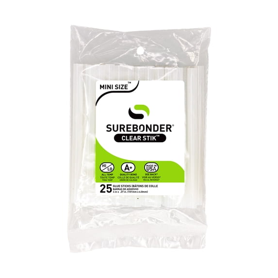 Surebonder Mini Hot Glue Sticks 25-Pack, Clear, Non-Toxic, Multi-Temp, 4-Inch x 0.27-Inch for Mini Glue Guns, DIY, Arts, Crafts & Home Repairs