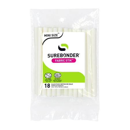 Surebonder White Mini Size Fabric Hot Glue Sticks, 4-Inch Length - Machine Washable, Works with Fabric, Leather, Ribbon, Foam, 18 Pack, White
