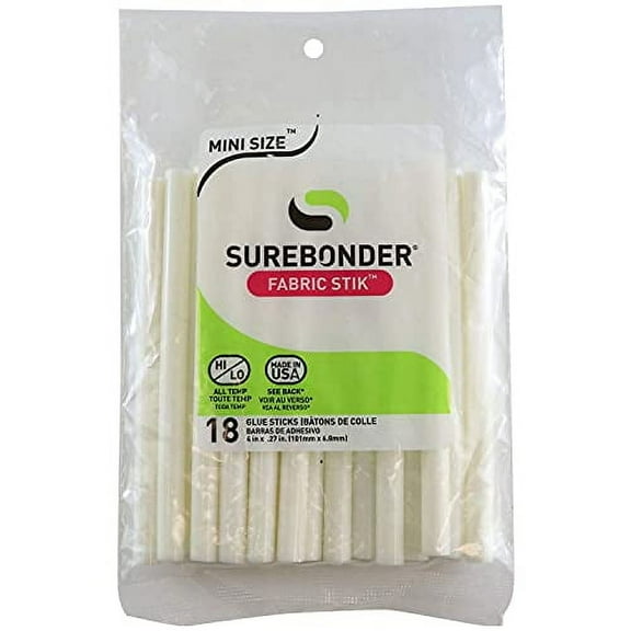 Surebonder Fabric Hot Glue Stick, Mini Size 4" L, 5/16" D - 18 Pack, Machine Washable, Use with High Temperature Glue Guns - Made in USA (FS-18)