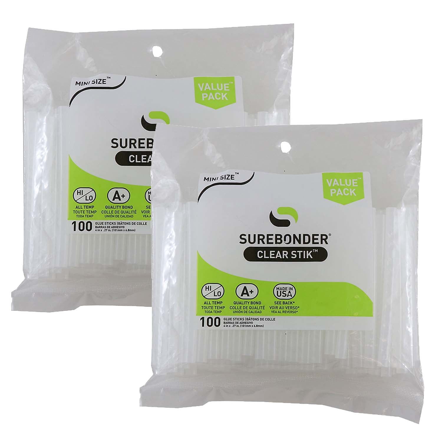 Surebonder Clear Stik Dual-Temp Mini Hot Glue Sticks Clear 100 Sticks/Pack 2 Packs/Bundle