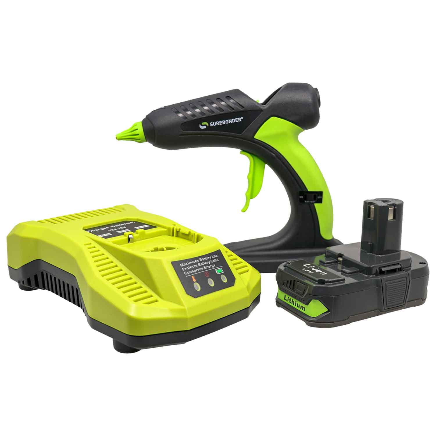 Surebonder 60 Watt Ryobi Type 18 Volt Battery Powered Cordless Professional Heavy Duty Full Size Hot Glue Gun with Battery and Charger Included