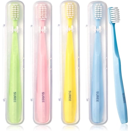 SUREE Gentle on Gums Toothbrush with Travel Case for Sensitive Teeth, Extra Soft, 4 Pack