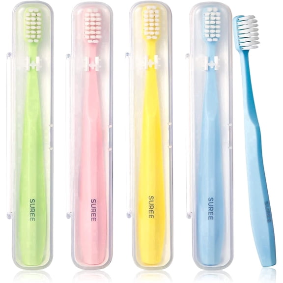 SUREE Gentle on Gums Toothbrush with Travel Case for Sensitive Teeth, Extra Soft, 4 Pack
