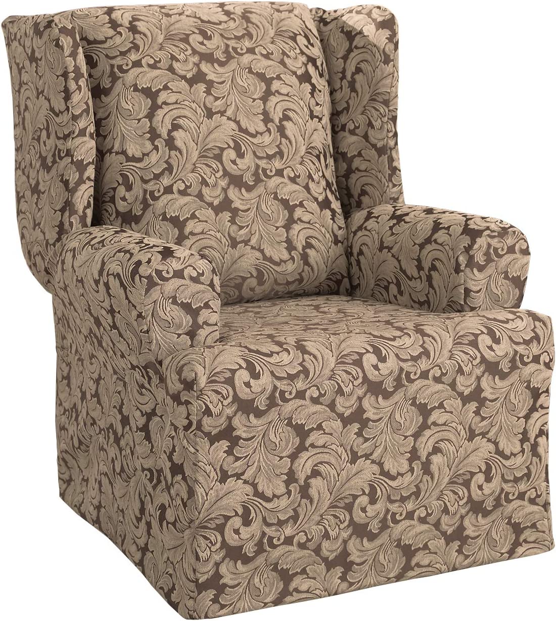 Surefit Scroll Damask Box Cushion Wing Chair One Piece Slipcover, Relaxed Fit, Cotton/Polyester, Machine Washable, Brown - image 1 of 4