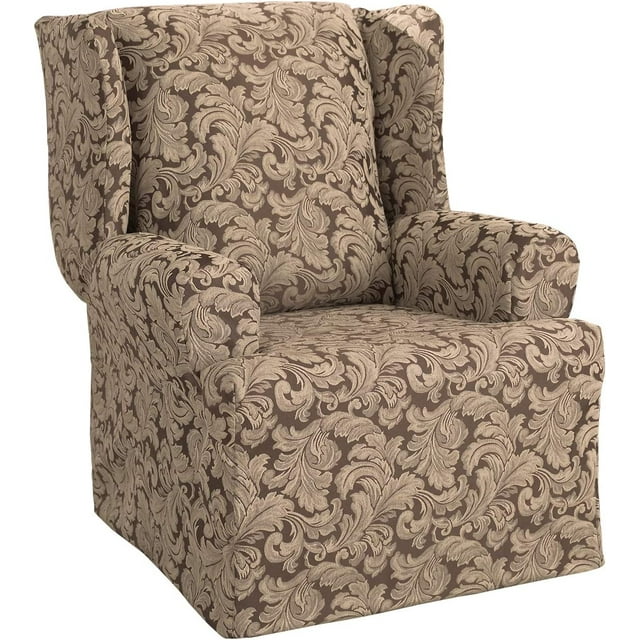 Surefit Scroll Damask Box Cushion Wing Chair One Piece Slipcover, Relaxed Fit, Cotton/Polyester, Machine Washable, Brown