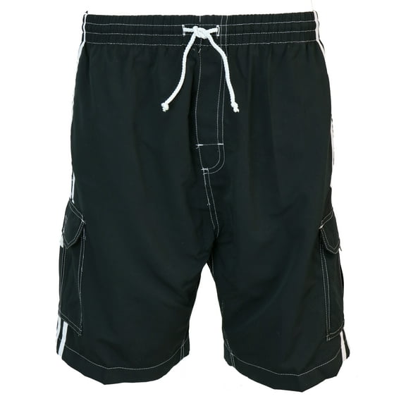 Surf Ave. Big Men's Classic Long Swim Trunks No Grommets with Stripes and Five Pockets-Black-2X