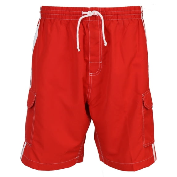 Surf Ave. Big Men's Classic Long Swim Trunks No Grommets with Stripes and Five Pockets-Red-2X