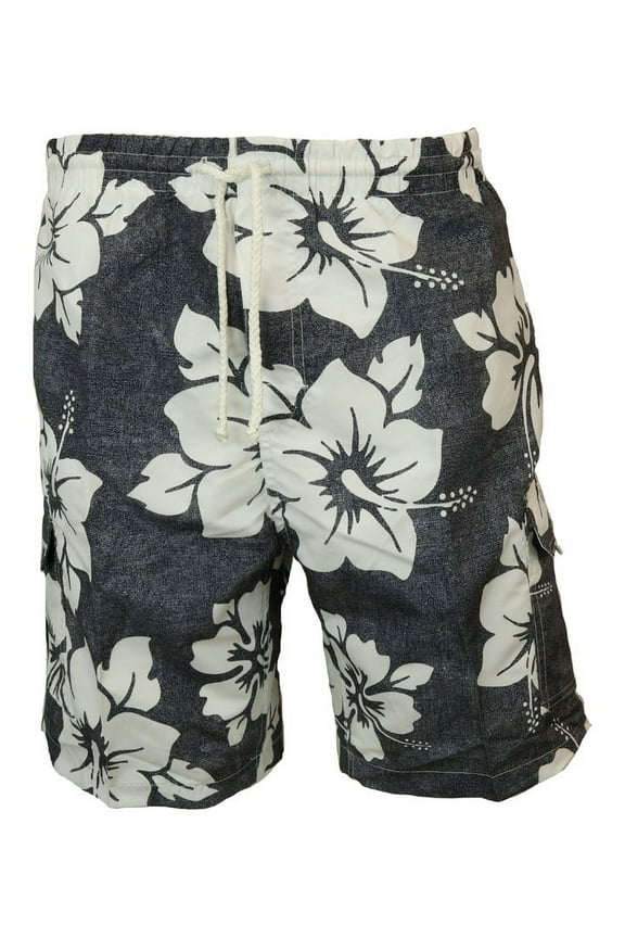 . Men's Surfer Swim Trunks No Grommets - Black Hibiscus - Large