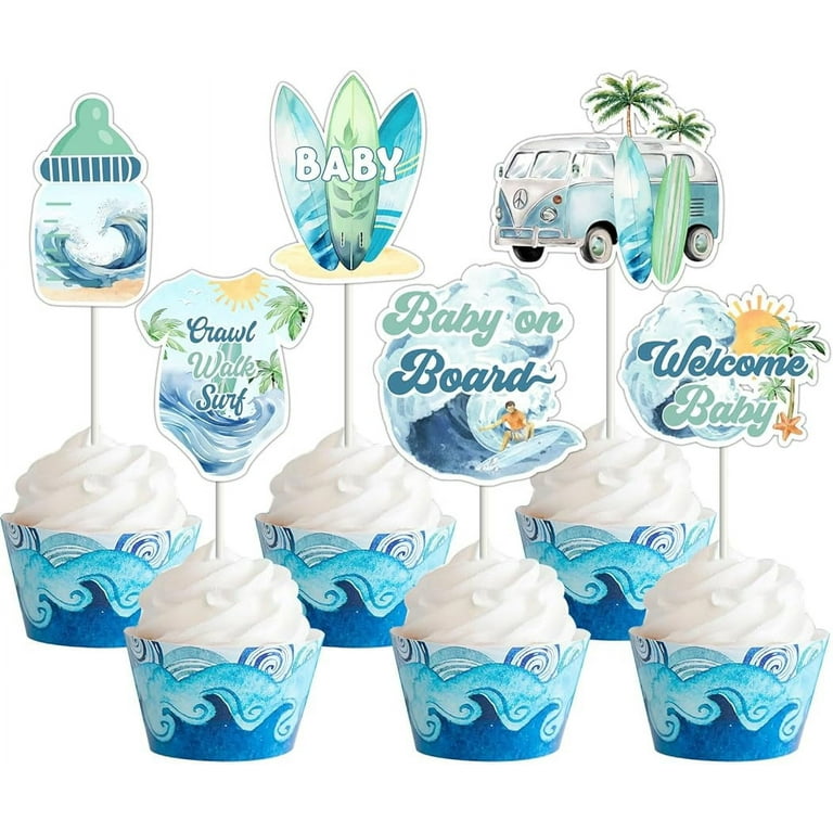 Surf Baby Shower Decorations 36PCS Baby On Board Cupcake Toppers Baby Shower  Table Decor Baby On Board Baby Shower Decorations Welcome Baby Summer Beach  Hawaiian Baby Shower Supplies 