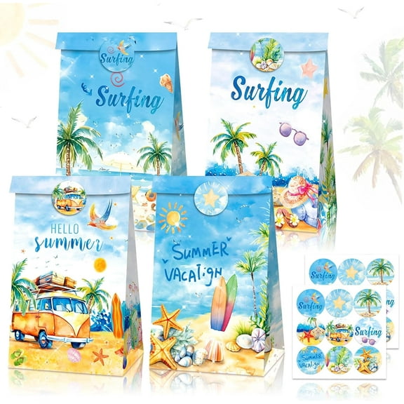 Surf Beach Party Gift Bag of 12 - Reversible SURFING/SUMMER VACATION design Palm Tree Surfboard Theme Souvenir Bag