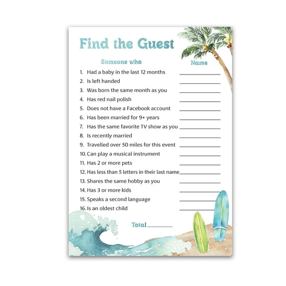Surf Beach Theme  FIND THE GUEST Baby Shower Game  Pack of 25  Baby on Board, Icebreaker Baby Shower Party Game, Blue Ocean Surfing, Gender Neutral Guess Who Came to the party Game G940-FTG