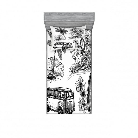 Surf Bedding Set with Sheet & Covers, Surfing Sport Surfboard Beach Van Sketch Style Monochromic Illustration, Printed Bedroom Decor 2 Shams, 4 Sizes, Black White, by Ambesonne