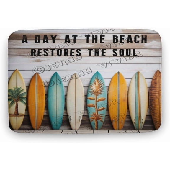 Surf Board A Day at The Beach Restores The Soul Flannel Bathroom Rug 16""x24"" Bath Rug Beach Surf Bath Mat Non Slip Backing Washable Floor Comfortable Rug for Home Office, Doormat 08