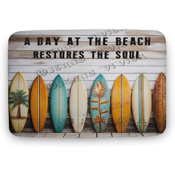 Surf Board A Day at The Beach Restores The Soul Flannel Bathroom Rug 20""x32"" Bath Rug Beach Surf Bath Mat Non Slip Backing Washable Floor Comfortable Rug for Home Office, Doormat 08