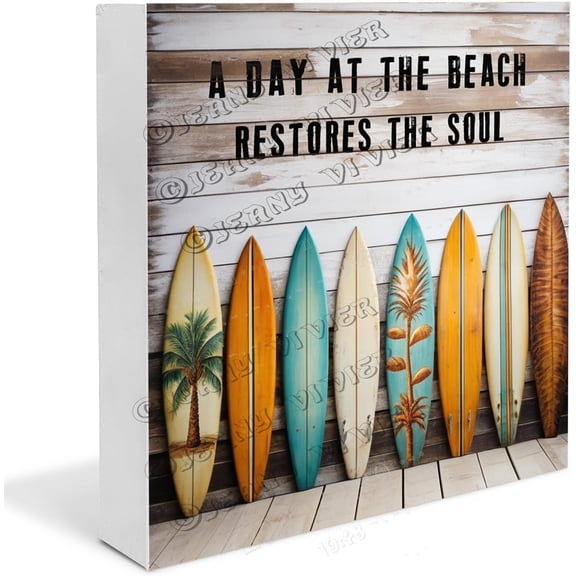 Surf Board A Day At The Beach Restores The Soul Wooden Box Sign Surfing Gifts Funny Coffee Decor Shelf Decor for Kitchen Table Centerpiece Wood Block Signs For Desk Decor 7x7 in