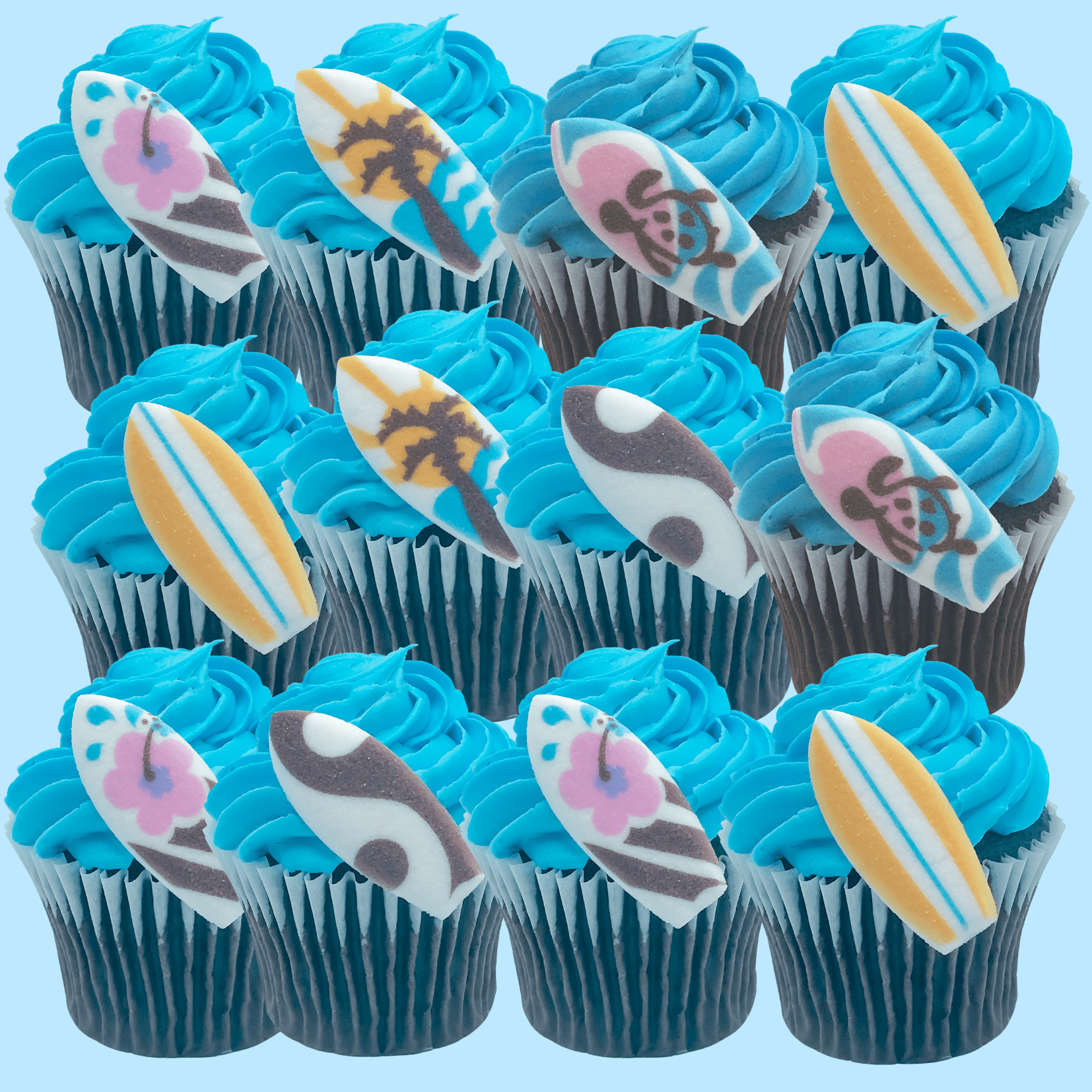 Surf Board Edible Sugar Cupcake & Cake Decoration Topper-Pack of