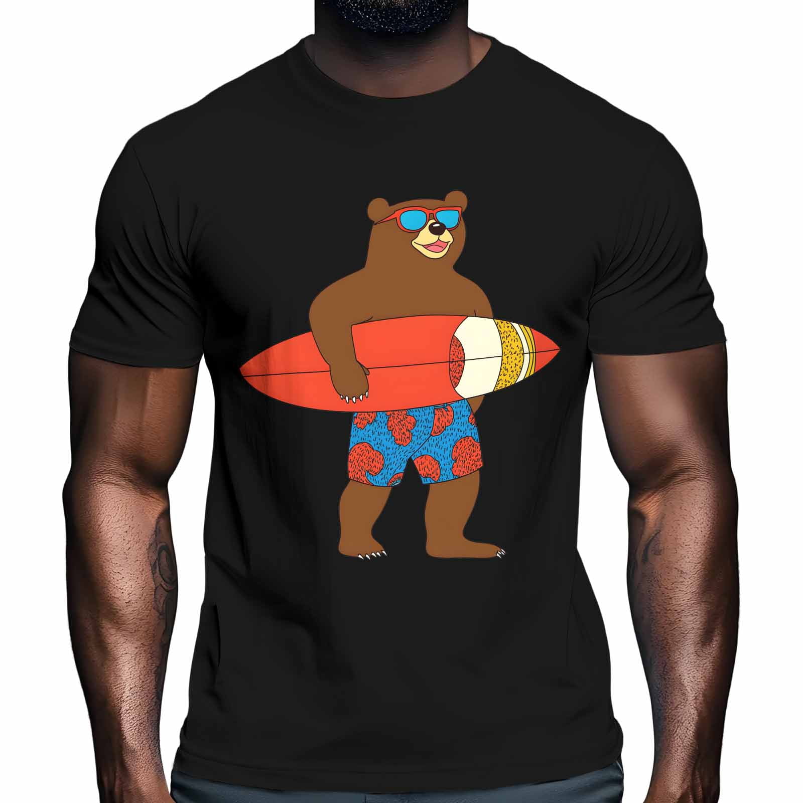 Surf Brown Bear Men's T Shirts Cartoon Bear with Glasses T-Shirt for Men Crew Neck Tees Cotton Tops Black, S