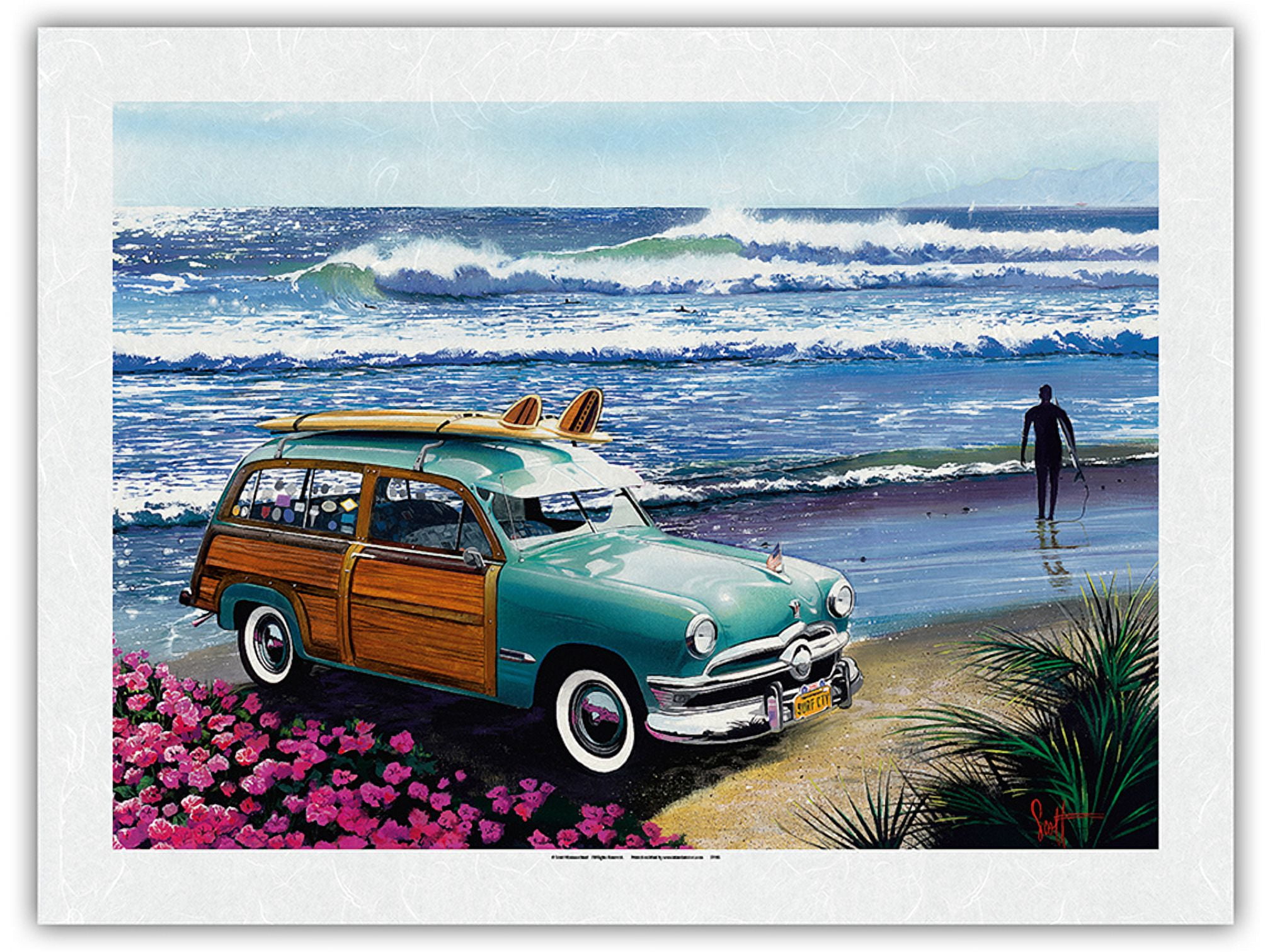 Surf City Retro Woodie on Beach with Surfboards From an Original