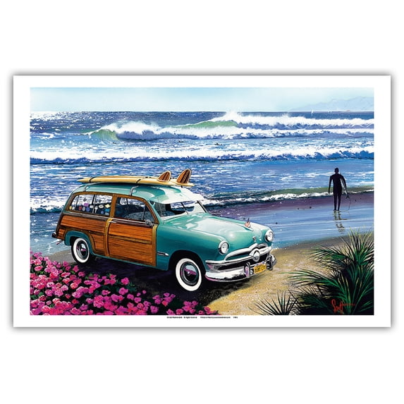 Surf City - Retro Woodie on Beach with Surfboards - From an Original Color Painting by Scott Westmoreland - Master Art Print (Unframed) 12in x 18in