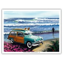 Surf City - Retro Woodie on Beach with Surfboards - From an Original Color Painting by Scott Westmoreland - Master Art Print (Unframed) 9in x 12in