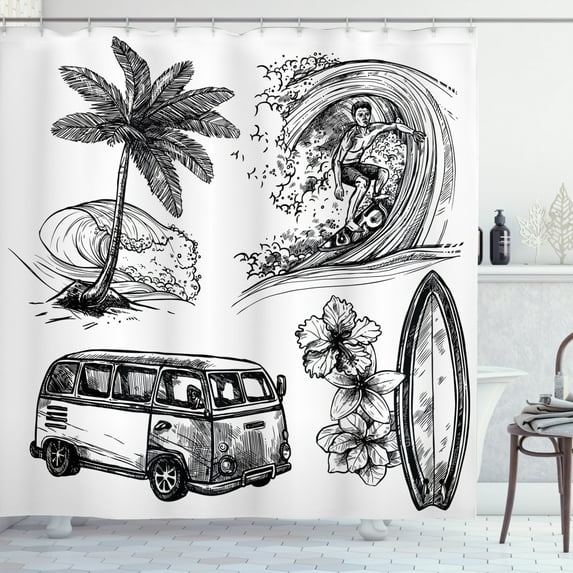 Surf Decor Surfing Sport Surfboard Beach And Van Sketch Style Decorative Monochromic Illustration, Bathroom Accessories, 69W X 84L Inches Extra Long, By Ambesonne