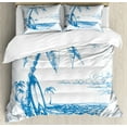 thumbnail image 1 of Surf Duvet Cover Set, Contemporary Sketch Illustration Hawaiian Beach with Surfboard Palms and Ocean Water, Decorative 3 Piece Bedding Set with 2 Pillow Shams, Queen Size, Blue and White, by Ambesonne, 1 of 3