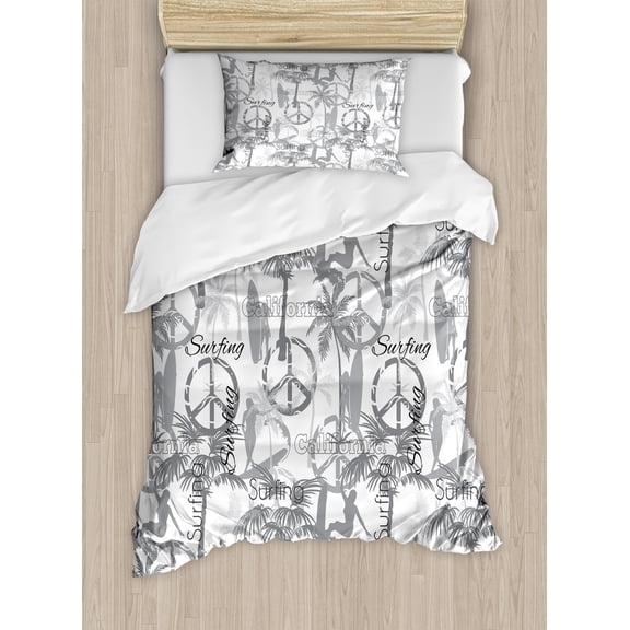 Surf Duvet Cover Set, Silhouette of a Surfing Lady Woman in the Ocean Peace Signs Retro Pattern Art, Decorative 2 Piece Bedding Set with 1 Pillow Shams, Twin Size, Grey White, by Ambesonne