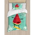 thumbnail image 1 of Surf Duvet Cover Set, Watermelon Riding the Waves Surfing in the Ocean Popular Summer Activity, Decorative 2 Piece Bedding Set with 1 Pillow Shams, Twin Size, Red Green Yellow, by Ambesonne, 1 of 3