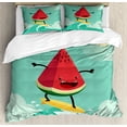 thumbnail image 1 of Surf Duvet Cover Set, Watermelon Riding the Waves Surfing in the Ocean Popular Summer Activity, Decorative 3 Piece Bedding Set with 2 Pillow Shams, Queen Size, Red Green Yellow, by Ambesonne, 1 of 3