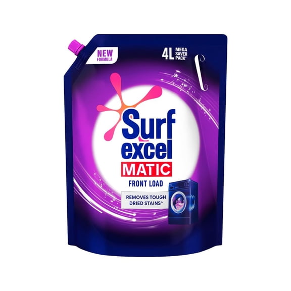 Surf Excel Matic Front Load Liquid Detergent 4Liter Refill Pouch, Designed for Tough Stain Removal on Laundry in Washing Machines