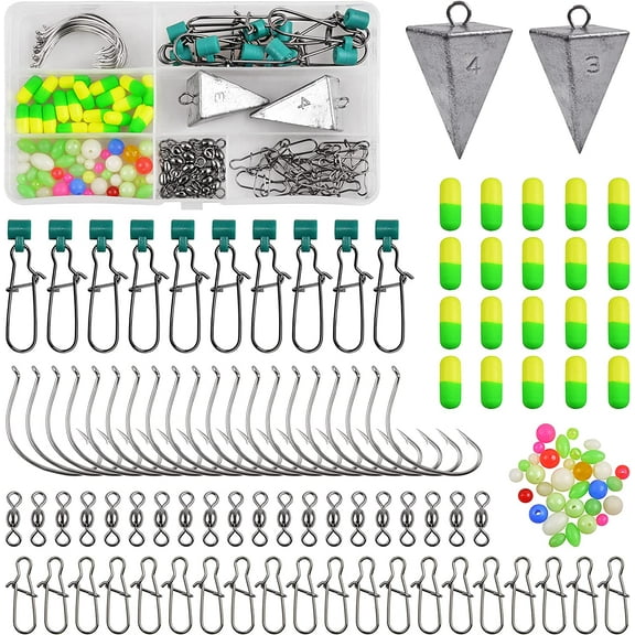 Surf Fishing Rig Making Kit, 132Pcs Saltwater Terminal Tackle Assortment for Pompano Rig Lure Making Supplies Snell Floats Wide Gap Hooks Pyramid weights Swivels